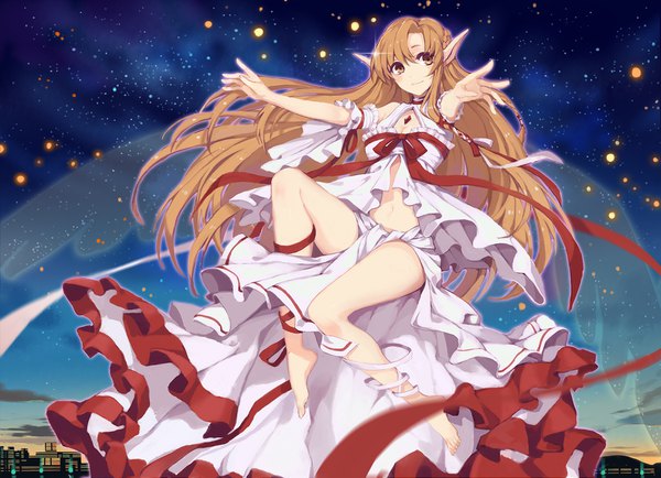 Anime picture 1614x1169 with sword art online a-1 pictures yuuki asuna titania (alo) zjsstc single long hair smile brown hair brown eyes looking away bent knee (knees) barefoot pointy ears night night sky floating hair city evening sunset