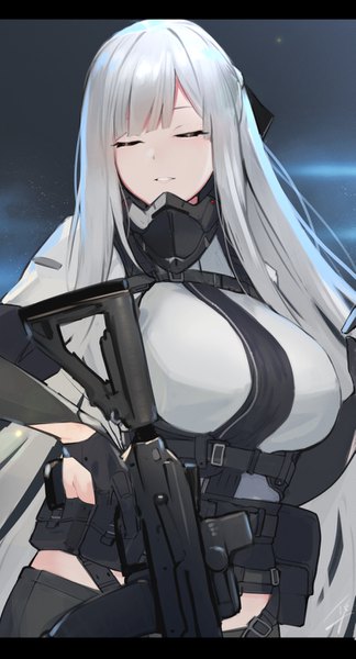 Anime picture 767x1420 with girls frontline ak-12 (girls frontline) hayabusa single long hair tall image fringe breasts simple background large breasts standing holding payot silver hair upper body blunt bangs eyes closed parted lips head tilt arm up