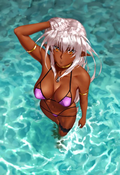 Anime picture 1788x2600 with full metal daemon muramasa nitroplus sandaime muramasa takaga shireteru single long hair tall image looking at viewer blush fringe highres light erotic hair between eyes standing payot silver hair light smile from above pointy ears orange eyes