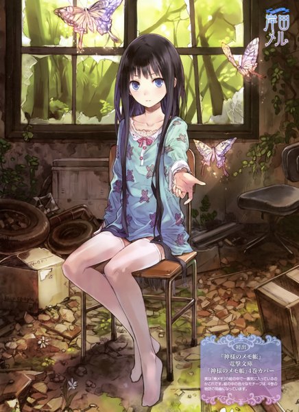 Anime picture 2955x4066 with kamisama no memochou shionji yuuko (alice) kishida mel long hair tall image highres blue eyes black hair sitting scan outstretched arm girl thighhighs white thighhighs window insect butterfly chair pajamas