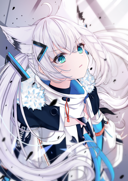 Anime picture 2894x4093 with virtual youtuber hololive shirakami fubuki shirakami fubuki (fubukitek) ruru keta single long hair tall image fringe highres hair between eyes twintails animal ears looking away silver hair ahoge aqua eyes from above fox ears official alternate costume