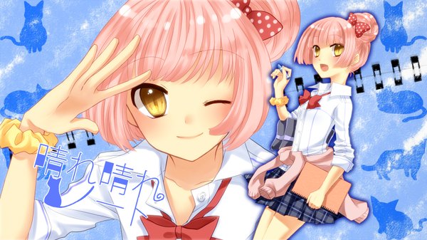 Anime picture 1600x900 with vocaloid nekomura iroha yayoi (egoistic realism) blush short hair open mouth wide image yellow eyes pink hair one eye closed wink girl bow hair bow cat notebook