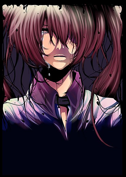 Anime picture 822x1150 with original inusen (artist) long hair tall image looking at viewer red eyes twintails red hair lips shadow tears face open collar crying girl shirt eyepatch