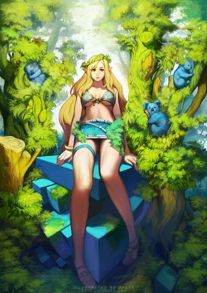 Anime picture 750x1060 with original caesty single long hair tall image breasts light erotic blonde hair sitting brown eyes pointy ears girl skirt plant (plants) animal wreath