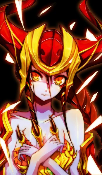 Anime picture 583x1000 with league of legends shyvana (league of legends) beanbean1988 single long hair tall image simple background brown hair yellow eyes horn (horns) black background girl helmet claws