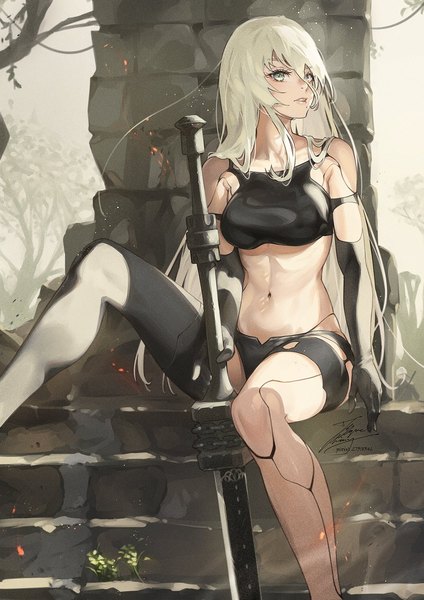 Anime picture 1061x1500 with nier nier:automata yorha type a no. 2 yorha no. 9 type s fadingz long hair tall image looking at viewer fringe breasts light erotic hair between eyes sitting bare shoulders holding signed silver hair bent knee (knees) outdoors parted lips