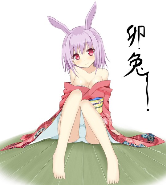 Anime picture 1169x1300 with original sky-freedom tall image blush short hair light erotic simple background smile red eyes white background sitting pink hair japanese clothes barefoot bunny ears girl underwear panties kimono