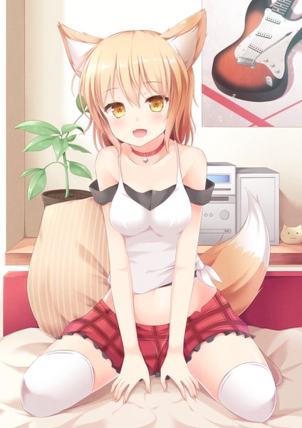 Anime picture 1736x2456 with original aibumi single tall image looking at viewer blush fringe highres short hair open mouth blonde hair smile hair between eyes sitting bare shoulders animal ears yellow eyes indoors tail :d