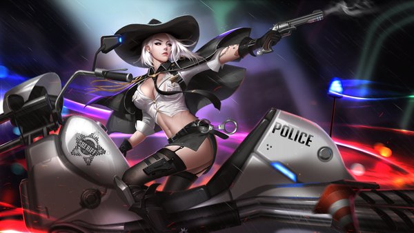 Anime picture 4000x2250 with overwatch blizzard entertainment ashe (overwatch) liang xing single highres short hair breasts light erotic red eyes wide image holding absurdres cleavage silver hair pleated skirt looking back blurry realistic midriff