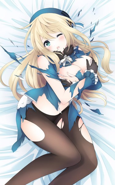 Anime picture 1300x2076 with kantai collection atago heavy cruiser nanashiki fuuka long hair tall image looking at viewer blush fringe breasts light erotic simple background blonde hair large breasts green eyes cleavage one eye closed wink torn clothes covering covering breasts
