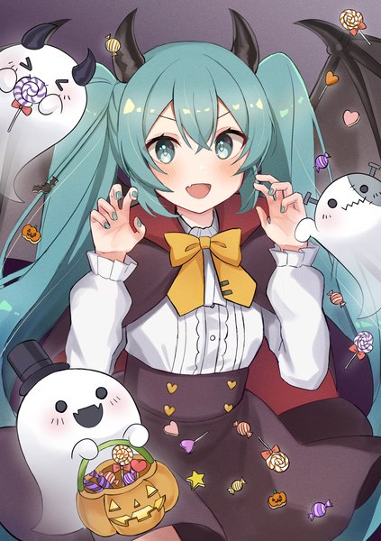 Anime picture 2039x2894 with vocaloid hatsune miku meruko-san single long hair tall image looking at viewer fringe highres open mouth hair between eyes twintails eyes closed nail polish :d horn (horns) aqua eyes aqua hair halloween ghost