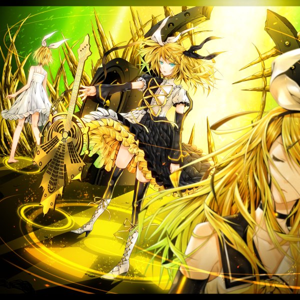 Anime picture 1200x1200 with vocaloid meltdown (vocaloid) kagamine rin yuuno (yukioka) long hair blonde hair eyes closed aqua eyes from behind lacing girl thighhighs dress detached sleeves boots sundress musical instrument guitar speakers