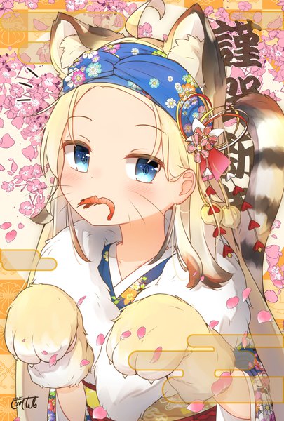 Anime picture 1773x2625 with original coreytaiyo single long hair tall image looking at viewer highres blue eyes blonde hair holding signed animal ears upper body ahoge tail long sleeves traditional clothes japanese clothes animal tail wide sleeves