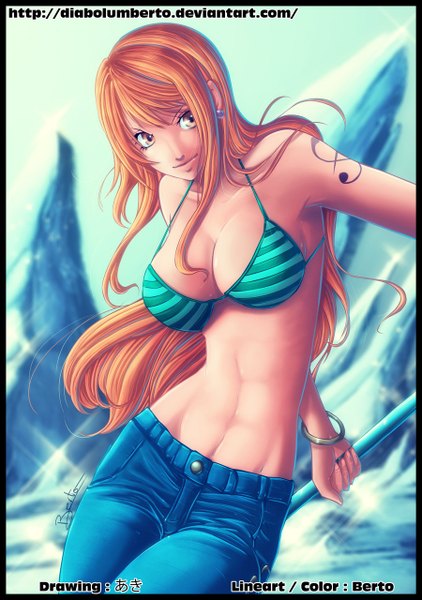 Anime picture 900x1280 with one piece toei animation nami (one piece) diabolumberto single long hair tall image light erotic smile sky sunlight orange hair midriff orange eyes tattoo coloring framed girl earrings bikini top