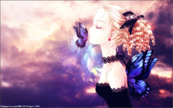 Anime picture 1680x1050 with original kaori minakami anime8000 single blonde hair wide image eyes closed drill hair third-party edit kiss insect wings curly hair butterfly wings girl bow hair bow detached sleeves insect butterfly