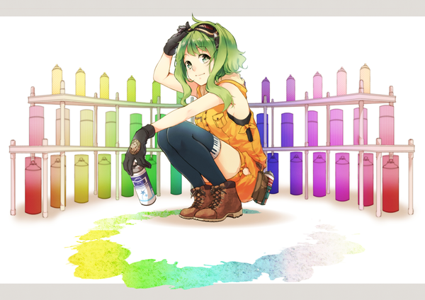 Anime picture 1400x990 with vocaloid gumi kei (k tmr) single short hair smile green eyes green hair goggles on head girl thighhighs gloves black thighhighs boots goggles