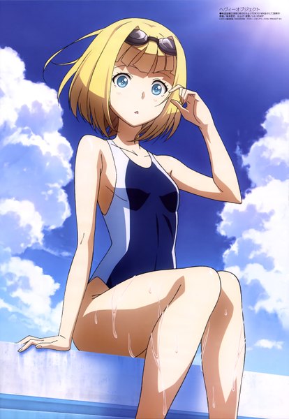 Anime picture 4089x5928 with heavy object j.c. staff megami magazine milinda brantini single tall image looking at viewer highres short hair blue eyes light erotic blonde hair sitting absurdres sky cloud (clouds) official art girl swimsuit one-piece swimsuit