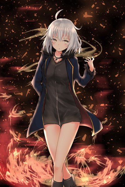 Anime picture 1788x2668 with fate (series) fate/grand order jeanne d'arc (fate) (all) jeanne d'arc alter (fate) uzuki tsukuyo single tall image looking at viewer blush fringe highres short hair breasts hair between eyes standing yellow eyes silver hair ahoge arm up open jacket