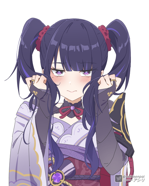 Anime picture 3200x4000 with genshin impact raiden shogun asiri senpai single long hair tall image looking at viewer blush fringe highres simple background white background twintails signed absurdres purple hair upper body blunt bangs traditional clothes japanese clothes