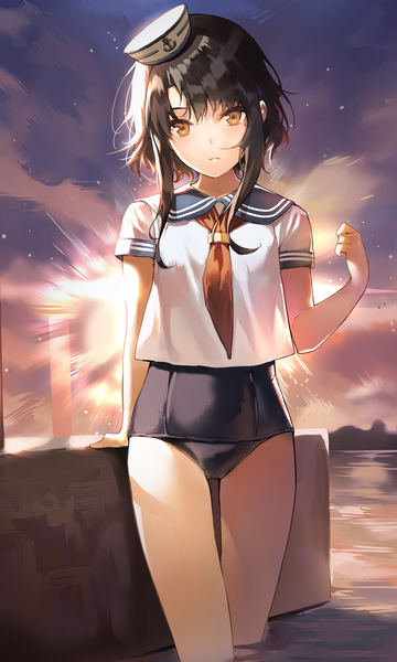 Anime picture 1000x1667 with sword girls sita vilosa leenim single tall image looking at viewer fringe short hair black hair standing yellow eyes sky sunlight bare legs evening sunset sunbeam girl swimsuit water