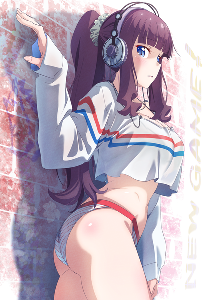 Anime picture 1870x2700 with new game! doga kobo takimoto hifumi pink x single long hair tall image looking at viewer blush fringe highres breasts open mouth blue eyes light erotic standing payot cleavage purple hair ass