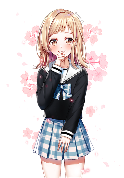 Anime picture 700x1000 with idolmaster idolmaster shiny colors sakuragi mano mamel 27 single long hair tall image looking at viewer blush fringe blonde hair smile standing white background brown eyes signed pleated skirt twitter username cherry blossoms plaid skirt