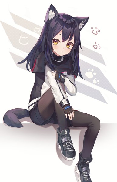 Anime picture 2552x3961 with arknights texas (arknights) nam single long hair tall image looking at viewer blush fringe highres black hair simple background hair between eyes sitting holding animal ears yellow eyes full body bent knee (knees) tail