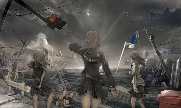 Anime picture 1400x840 with original kentarou wide image multiple girls cloud (clouds) from behind back ruins post-apocalyptic girl water serafuku building (buildings) ground vehicle 5 girls car phone power lines traffic sign traffic lights