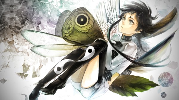 Anime picture 1200x675 with original eiy (artist) long hair short hair black hair simple background wide image white background grey background grey eyes angel wings insect wings butterfly wings girl gloves wings shorts leaf (leaves) thigh boots