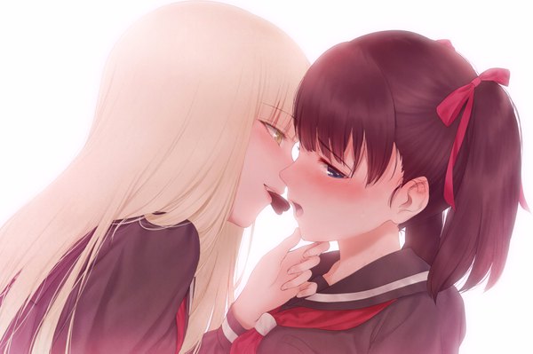 Anime picture 3361x2237 with original asaba0327 long hair blush highres open mouth blue eyes black hair simple background white background twintails multiple girls yellow eyes absurdres white hair shoujo ai valentine almost kiss girl uniform