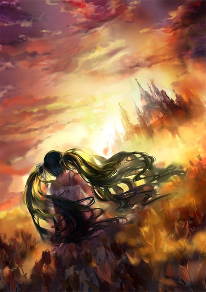 Anime picture 992x1403 with vocaloid hatsune miku h2so4kancel single long hair tall image twintails sky cloud (clouds) green hair from behind evening sunset girl dress flower (flowers) sundress castle tulip