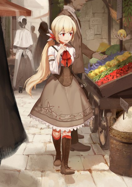 Anime picture 1240x1755 with original 3four long hair tall image blonde hair smile red eyes standing outdoors ponytail long sleeves fang (fangs) side ponytail finger to mouth solo focus lacing walking lace-up boots girl skirt