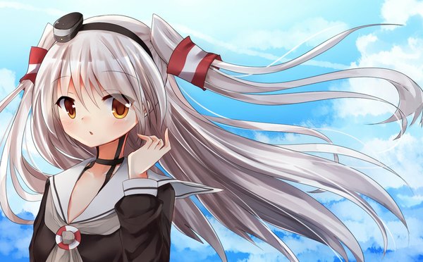 Anime picture 1036x644 with kantai collection amatsukaze destroyer asanagi kurumi (panda-doufu) single long hair looking at viewer blush fringe hair between eyes wide image brown eyes sky silver hair cloud (clouds) wind two side up girl uniform hat serafuku