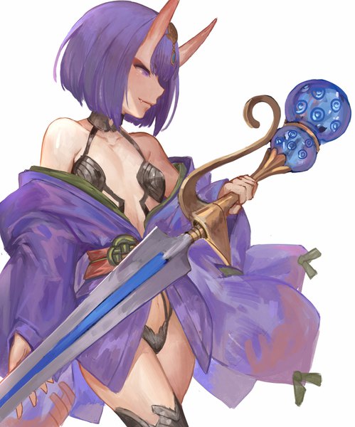 Anime-Bild 2894x3480 mit fate (series) fate/grand order shuten douji (fate) akizone single tall image highres short hair light erotic simple background standing white background purple eyes looking away purple hair traditional clothes japanese clothes profile horn (horns) light smile