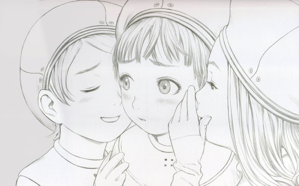 Anime picture 4794x3000 with form code (artbook) range murata highres open mouth wide image multiple girls absurdres scan monochrome traditional media lineart graphite (medium) girl gloves hat 3 girls