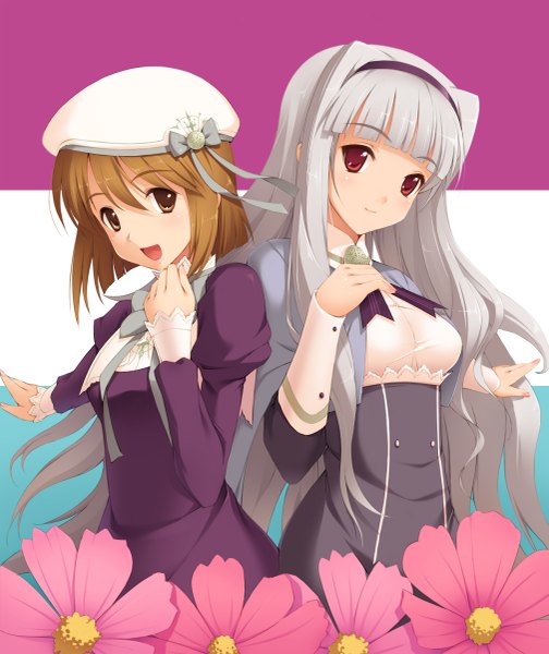 Anime picture 1009x1200 with idolmaster shijou takane hagiwara yukiho cygnus (artist) tall image blush open mouth smile red eyes brown hair multiple girls brown eyes silver hair girl dress flower (flowers) 2 girls hairband bowtie bonnet