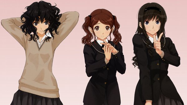 Anime picture 1920x1080 with amagami long hair highres short hair black hair brown hair wide image twintails multiple girls brown eyes black eyes short twintails girl 3 girls