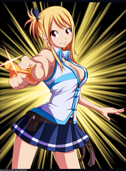 Anime picture 900x1214 with fairy tail lucy heartfilia xsnowcoolx single long hair tall image blonde hair smile red eyes ponytail pleated skirt coloring side ponytail girl skirt bow hair bow fanny pack key whip
