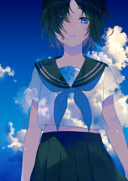 Anime picture 705x1000 with original achiki single tall image looking at viewer blush fringe short hair breasts blue eyes black hair standing sky cloud (clouds) outdoors parted lips pleated skirt hair over one eye sweat double exposure