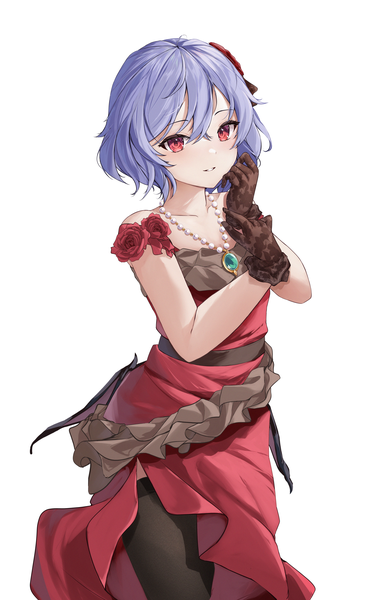 Anime-Bild 2156x3320 mit touhou remilia scarlet orchid (orukido) single tall image fringe highres short hair simple background hair between eyes red eyes standing white background blue hair looking away bat wings low wings girl thighhighs dress