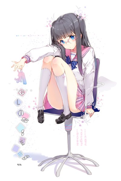 Anime picture 965x1447 with original anmi single long hair tall image looking at viewer blush blue eyes black hair simple background white background sitting shadow pantyshot sitting girl uniform school uniform socks glasses white socks