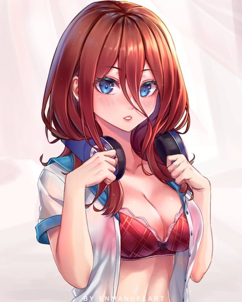 Anime picture 1080x1350 with go-toubun no hanayome nakano miku enmanuelart20 single long hair tall image looking at viewer blush fringe breasts blue eyes light erotic simple background hair between eyes brown hair signed upper body parted lips short sleeves open shirt