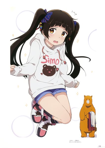 Anime picture 2482x3500 with kumamiko milky been! (ogipote) - anime yorozu ira hon (artbook) amayadori machi natsu (kumamiko) ogipote single long hair tall image blush fringe highres open mouth brown hair white background twintails brown eyes blunt bangs long sleeves scan alternate costume