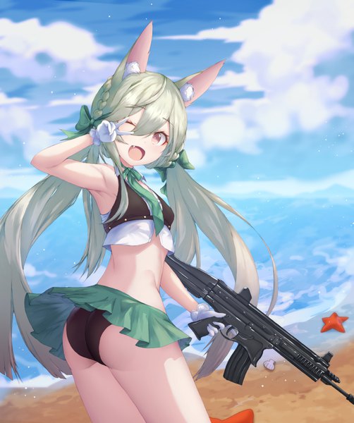 Anime picture 1283x1532 with girls frontline art556 (girls frontline) necoring862 single long hair tall image looking at viewer blush fringe open mouth light erotic hair between eyes twintails holding brown eyes animal ears sky cloud (clouds) ass outdoors