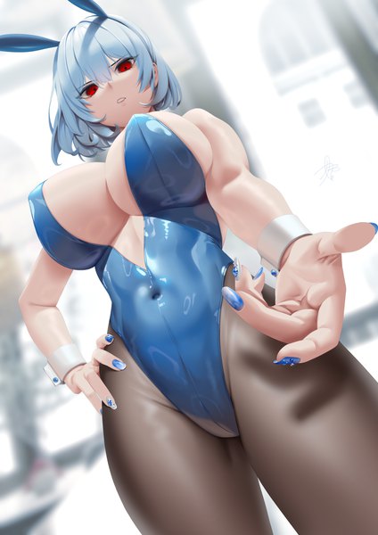 Anime picture 2480x3507 with last origin titania frost teddyellow single tall image looking at viewer fringe highres short hair breasts light erotic hair between eyes red eyes large breasts standing signed animal ears cleavage nail polish parted lips