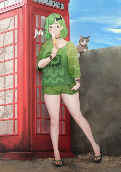 Anime-Bild 1191x1684 mit original momo (jubi) jubi (regiana) single tall image looking at viewer fringe short hair standing green eyes signed sky full body nail polish green hair realistic bare legs standing on one leg eating hand in pocket