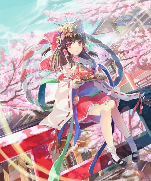 Anime picture 1200x1440 with touhou hakurei reimu hayama eishi single long hair tall image red eyes brown hair sunlight cherry blossoms miko architecture east asian architecture girl hair ornament plant (plants) detached sleeves tree (trees) socks building (buildings)