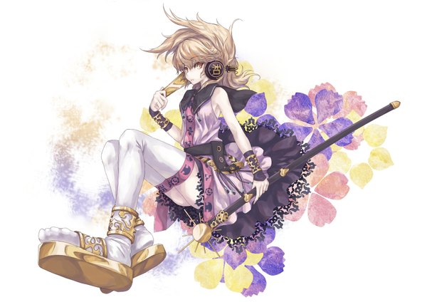 Anime picture 1653x1169 with touhou toyosatomimi no miko mumulatte single long hair looking at viewer blonde hair yellow eyes girl thighhighs dress flower (flowers) white thighhighs headphones staff sandals wand