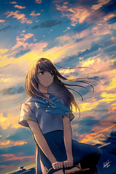 Anime picture 1080x1620 with original kazuharu kina single long hair tall image blush fringe breasts black hair hair between eyes red eyes holding signed looking away sky cloud (clouds) pleated skirt wind short sleeves evening