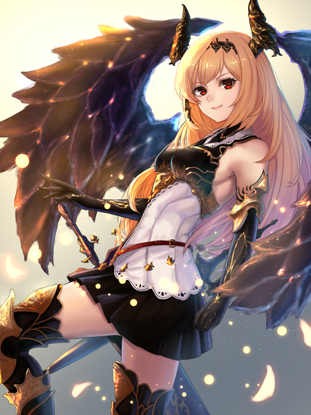 イラスト 1500x2000 と 神撃のバハムート シャドウバース dark angel olivia 久和原大季 ソロ 長髪 長身像 カメラ目線 赤面 前髪 金髪 赤い目 立つ pleated skirt 角 女の子 スカート 手袋 武器 剣